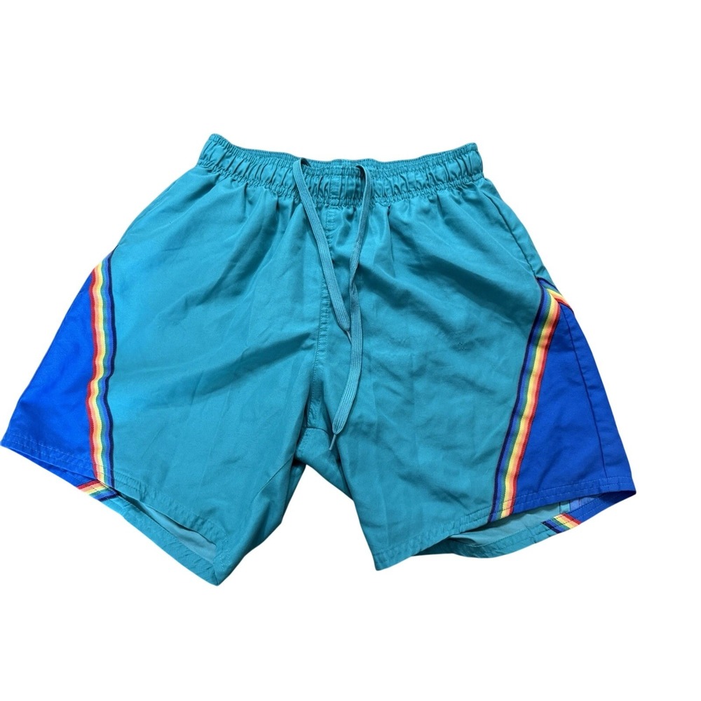 Laguna Swim Trunks Mens Medium Teal Blue Rainbow Stripe Vintage Retro Surfcore